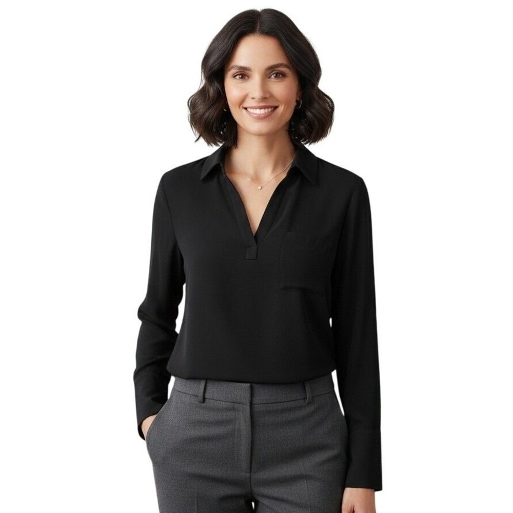 Pleione Black V-Neck Blouse Minimalist Dark Academia Office Workwear S